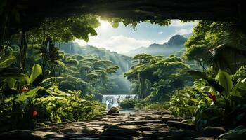 AI generated Tranquil tropical rainforest  lush green, flowing water, mysterious fog generated by AI photo