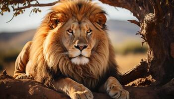 ai generado majestuoso león descansando en el sabana, mirando a cámara generado por ai foto