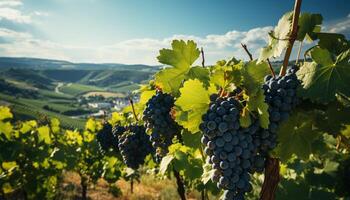 AI generated Vineyard landscape, ripe grapes, fresh wine, nature fruitful harvest generated by AI photo