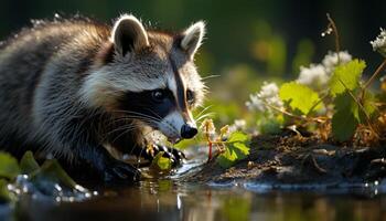 AI generated Cute red fox eating grass, looking at small rodent generated by AI photo