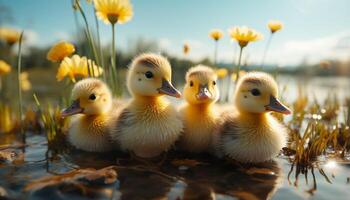 AI generated Cute duckling and fluffy gosling enjoy the outdoors in spring generated by AI photo