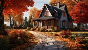 AI generated Autumn tree outdoors, nature leaf season in architecture rural scene generated by AI photo