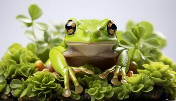 AI generated A cute toad sitting on a leaf, looking at camera generated by AI photo