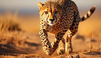AI generated Majestic cheetah walking in African steppe, watching beauty in nature generated by AI photo