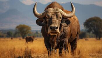 AI generated Cattle grazing on African savannah, a majestic wilderness landscape generated by AI photo