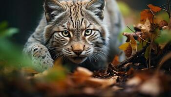 AI generated Cute tiger looking at camera, hiding in autumn forest generated by AI photo