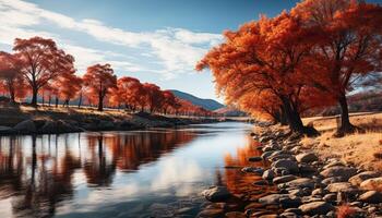 AI generated Tranquil autumn landscape  colorful trees reflect on calm water generated by AI photo