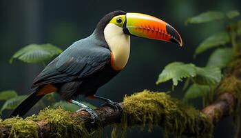 AI generated A cute toucan perching on a branch in the rainforest generated by AI photo