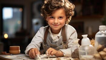 ai generado sonriente niño haciendo hecho en casa galletas, alegre y linda generado por ai foto