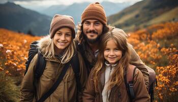 AI generated A happy family hiking in the autumn forest, enjoying nature generated by AI photo