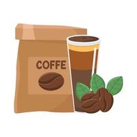 coffee bag, cup coffee drink with coffee beans illustration vector