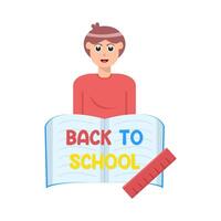 back to school text in book, ruler with student illustration vector