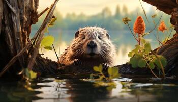 AI generated Fluffy beaver eating leaf, reflecting in tranquil pond generated by AI photo
