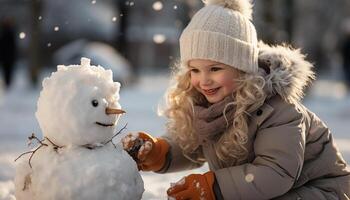 AI generated Smiling child playing outdoors, enjoying winter cheerful snow fun generated by AI photo