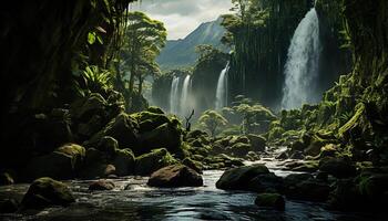 ai generado tranquilo escena fluido agua, verde árboles, y majestuoso montañas generado por ai foto