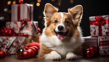 AI generated Cute puppy sitting indoors, looking at camera, surrounded by decorations generated by AI photo