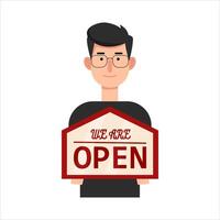 open in sign board with in person illustration vector