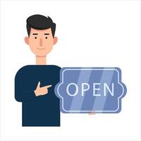 open in sign board with in person illustration vector