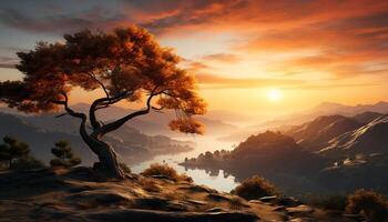 AI generated Sunset silhouette  mountain peak, tranquil meadow, orange sky, reflecting beauty generated by AI photo