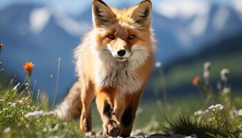 AI generated Cute red fox puppy sitting in grass, looking at camera generated by AI photo