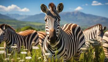 AI generated A zebra herd grazes on the green savannah, nature beauty generated by AI photo