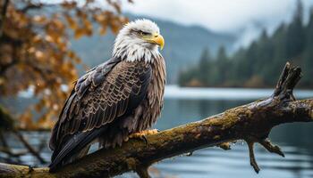 AI generated Majestic bald eagle perching on branch, eye focused on prey generated by AI photo