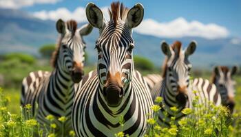 AI generated A herd of striped zebras graze in the African savannah generated by AI photo