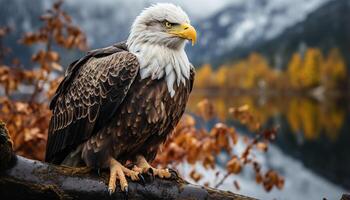 ai generado majestuoso calvo águila encaramado en rama, caza en invierno bosque generado por ai foto