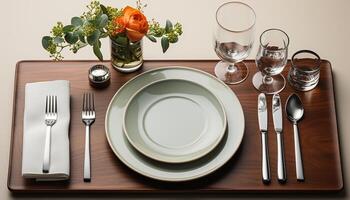 AI generated Empty dining table with elegant crockery, silverware, and wineglass decoration generated by AI photo