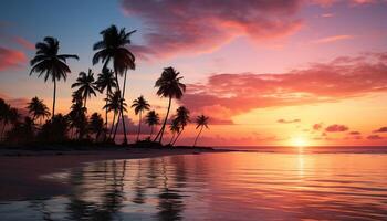 AI generated Sunset over tranquil coastline, palm tree silhouette reflects in water generated by AI photo