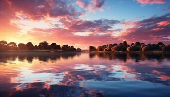 AI generated Sunset over tranquil pond reflects vibrant autumn landscape generated by AI photo