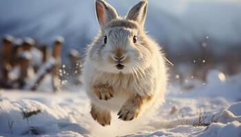 AI generated Cute rabbit running in the snow, playful and fluffy generated by AI photo