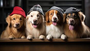 ai generado linda perrito sentado en fila, mirando a cámara, al aire libre generado por ai foto