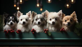 ai generado linda perrito sentado en un fila, mirando a cámara, adentro generado por ai foto