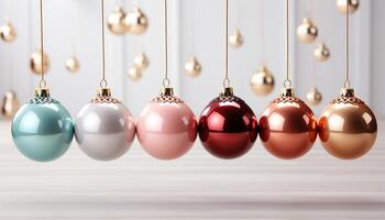 AI generated Christmas ornaments hanging in a row, glowing with vibrant colors generated by AI photo