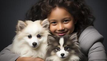 AI generated Cute puppy and child share love and happiness indoors generated by AI photo