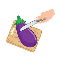 knife in hand slice slice eggplant with in cutting board illustration vector