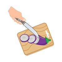 knife in hand slice slice eggplant with in cutting board illustration vector