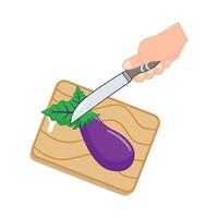 knife in hand slice slice eggplant with in cutting board illustration vector