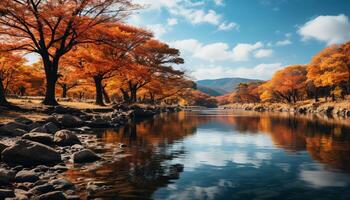 AI generated Tranquil autumn forest reflects vibrant colors in peaceful pond generated by AI photo