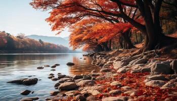 AI generated Tranquil autumn forest reflects vibrant sunset on tranquil pond generated by AI photo