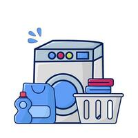 washing machine, bottle detergent with laundry in bassin illustration vector