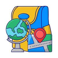 mochila escuela, ubicación en mapas con globo ilustración vector