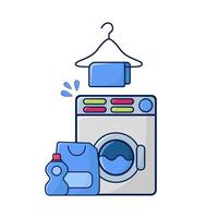washing machine, bottle detergent liquid with towel hanging illustration vector