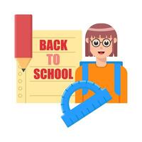 back to school text  in paper,arc ruler,pencil with student illustration vector