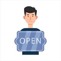 open in sign board with in person illustration vector