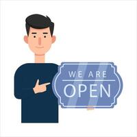 open in sign board with in person illustration vector