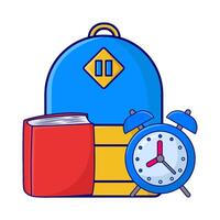 mochila escuela, alarma reloj hora con libro ilustración vector