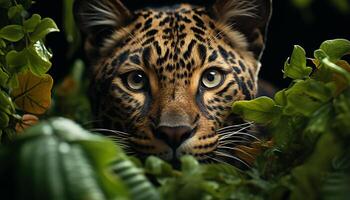 AI generated Bengal tiger, majestic and fierce, hides in lush rainforest generated by AI photo