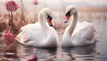 AI generated Swan elegance in nature, love reflected in tranquil pond generated by AI photo